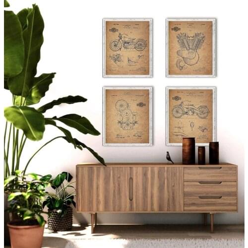 Modern sketch canvas painting motorcycle design retro English patent posters and prints study bedroom living room decor gifts