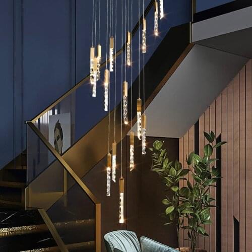 Modern Loft LED Chandelier K9 Crystal Duplex Stair Chandeliers Living Room Hotel Ceiling Luxury Pendant Lamp Apartment Lights