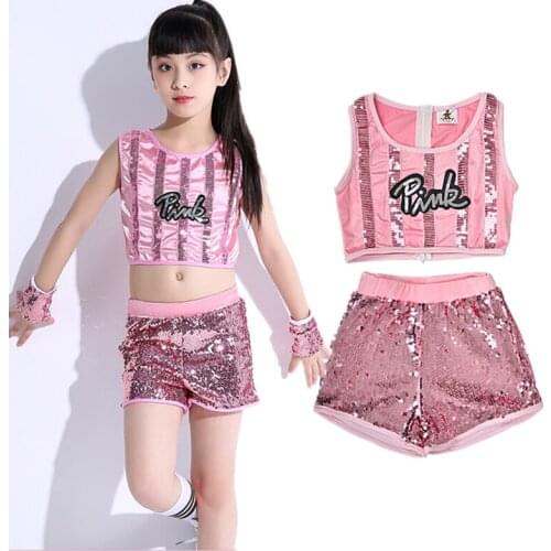 Girls Hip-hop Jazz Dancewear Sequin Glitter Crop Top Shorts 2 Pieces Set Kid Top & Bottoms Dance Costume Pink shining Sets