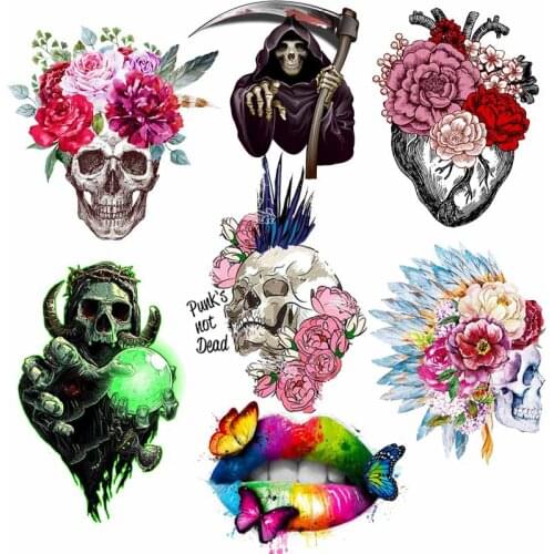 Punk Skull Flowers Patch Heat Thermal Transfer For Clothing Colorful Skeleton Iron-on Transfers For Clothes Washable stickers