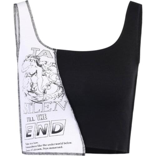 Women Dark Goth Punk Style Tank Tops Sexy U-Neck Color Block Patchwork Slim Crop Top Aesthetic Letters Graphic Print Ribbed