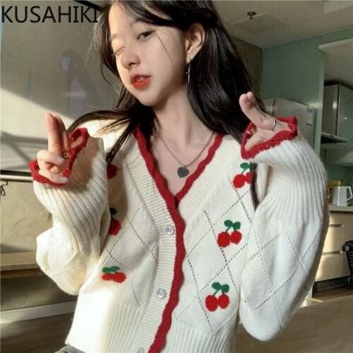 KUSAHIKI Sweet Cherry Embroidery Knitted Coat 2021 Autumn Long Sleeve V-neck Knitwear Causal Korea Short Sweater Cardigan 6K899