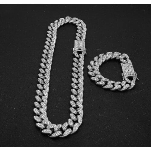 UWIN 2cm Miami Cuban Chain Necklace & Bracelet Set Crystal Rhinestone Gold color Hip Hop Jewelry For Gift