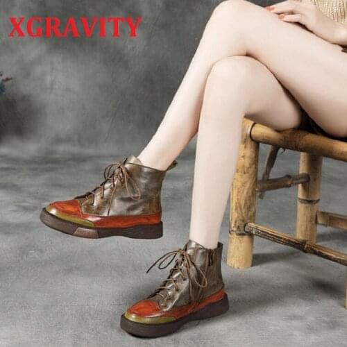 XGRAVITY S076 New Hot Autumn Winter Flat Shoes Elegant Cow Genuine Leather Mix Color Boots Ankle Boots Zip Lace Up Footwear S076