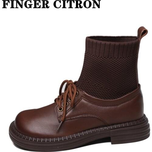 Finger Citron Women Anckle Boots Genuine Cow Leather Knitting For Spring Autumn And Winter Rubber Outsole By Handmade Size 35-40