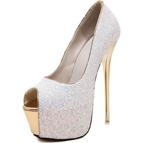 New Women Pumps Bling Sexy 16 CM Ultra High High-heeled Shoes Peep Toe Pumps Party Dress Shoes Zapatos Mujer Size 34-40
