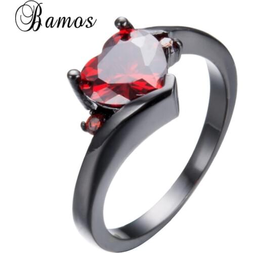Bamos Retro Small Heart Shape Red AAA Zircon Ring Black Gold Filled Wedding Party Engagement Rings For Women Bohemian RB1181