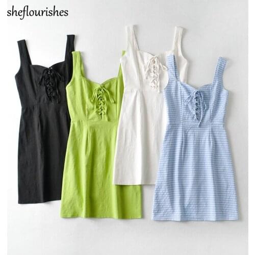 Korean mini dress summer sleeveless dresses women 2021 casual square neck tank dress white lace up dress black vestidos vintage