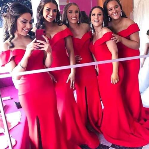 Sexy Mermaid Off The Shoulder Red Bridesmaid Dresses Satin Front Split Dresses For Wedding Party Prom Vestido de festa longo