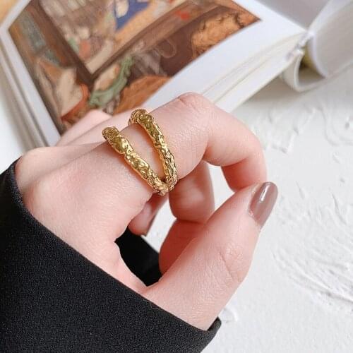 Women Jewlery Double Wave Statement Ring Titanium With 18 K Gold Designer T Show Club Cocktail Party Rare Japan Korean