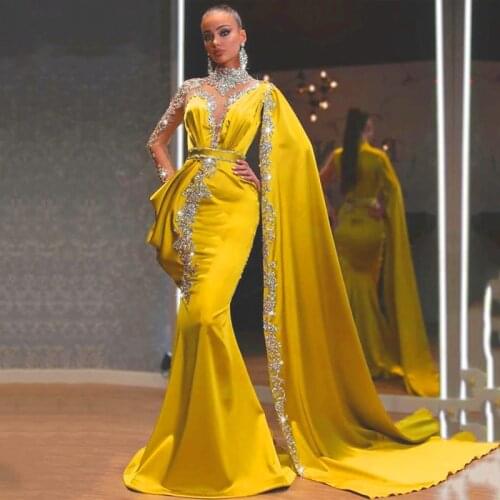 Eightale Gold Evening Dresses High Neck Beaded Rhinestones Mermaid Prom Gown Cape Long Sleeves Satin Arabic Dubai Party Dresses