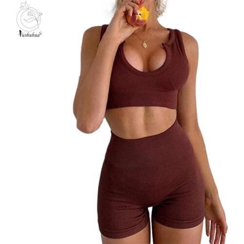 2021knitting Women Seamless Yoga Set Fitness Sports Suits Gym Clothing Vest Crop Top High Waist Running Shorts Workout Pants
