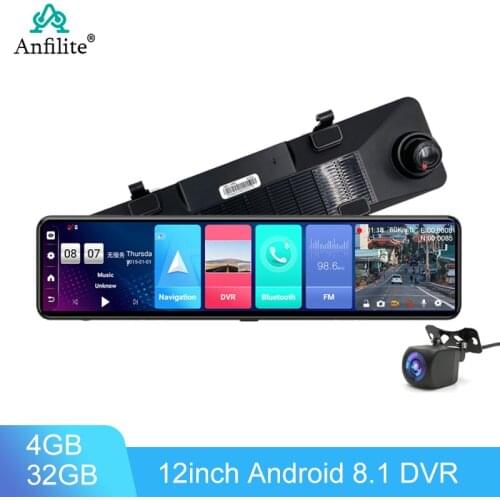 Anfilite 4G Android 8.1 Dash Camera 1080P 12 Inch Car Video Recorder GPS Navigation Dual Lens Mirror WiFi ADAS Remote Monitor