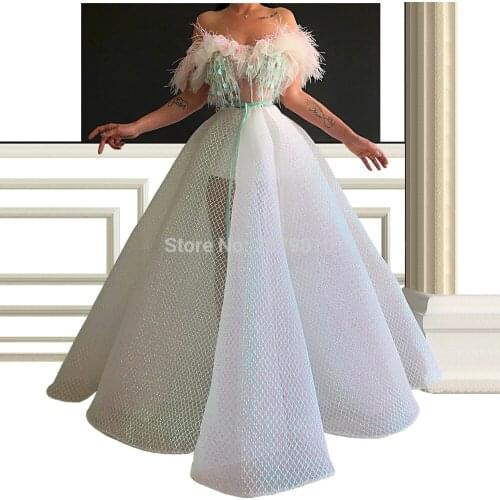 2019 White Sweetheart Evening Dress Off The Shoulder Ball Gown Sequins Tulle Flowers Feather Beaded Turkish Full-Length Zipper