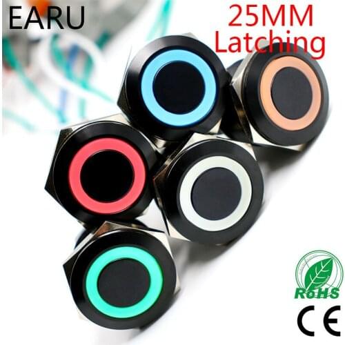 Black 25mm Metal Stainless Steel Waterproof Latching Doorebll Bell Horn LED Push Button Switch Car Auto Engine Start PC Power