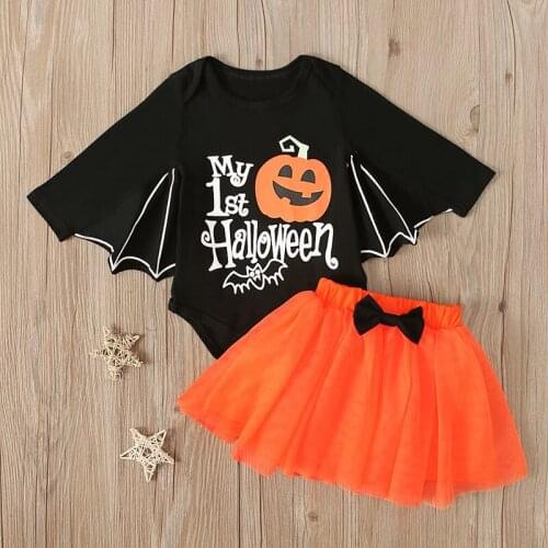 2Pcs Baby Girls Halloween Outfits Pumpkin/Smiling Face Batwing Sleeves Romper + Elastic Skirt with Bowknot Suit