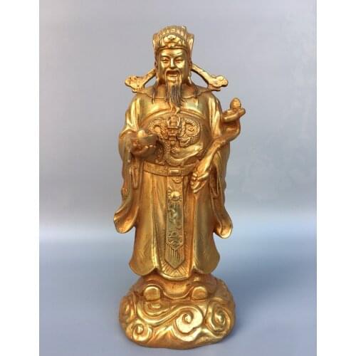 10"Tibetan Temple Collection Old Bronze Gilt Wishful Ingots God of Wealth Statue Get rich Enshrine the Buddha Office Ornaments