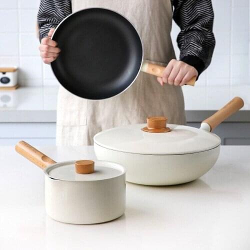 3/pcs set Non-Stick Cooking Set Thickened Kitchen Soup Pot Flat-Bottom Milk Pan Wooden Handle Pot Cooker Lid cooking Utensils