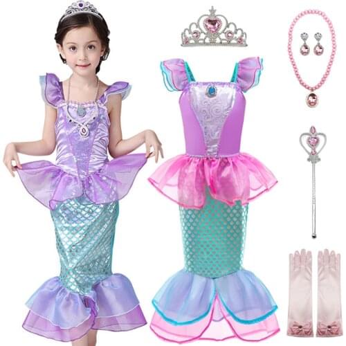 Girls Princess Dress Sequins Little Mermaid Costume Fancy Girls Clothes Kids Scale Beach Party Outfit Cosplay Halloween