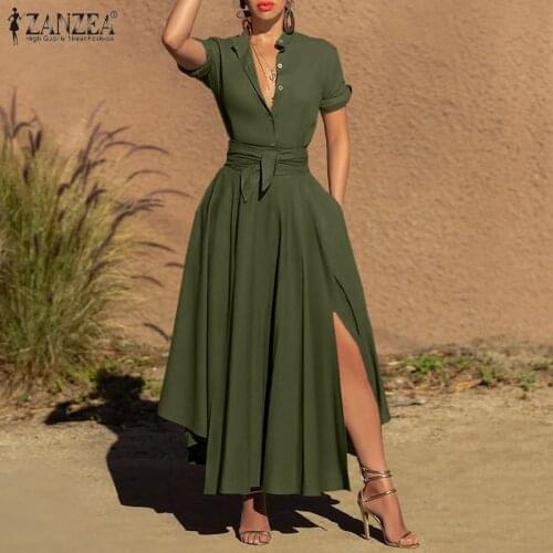 ZANZEA Autumn Shirt Dress Fashion Women Long Sleeve Solid Split Hem Maxi Long Sundress Casual OL Work Vestidos Robe Femme Belted