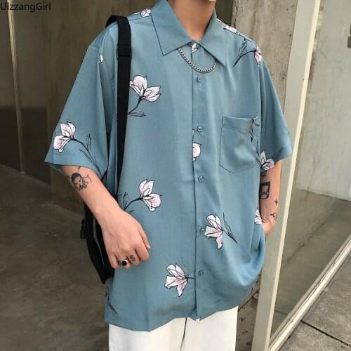 Vintage Floral Print Pocket Women Man Streetwear Korean Japanese Short Sleeve Blouse Plus Size Oversized Loose To Shirt Harajuku