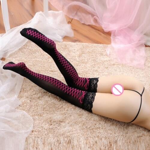 Sexy Ladies Erotic Sockings Lace Patchwork Bow Knot Print Thigh High Hold Ups Stockings Black Beauty Leg Female Pantyhose