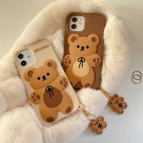 Cartoon Cute 3D Bear + Doll Pendant High Quality Silicone Cover for Iphone 12Mini 11Pro MAX XS XR 7 8plus SE2020 Phone Case