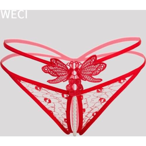 WECI G-Strings Sexy Butterfly Pearl Thong Woman Erotic Open Crotch Panties With Beads Slit Cutout Hole Ladies Sex Underwear Porn