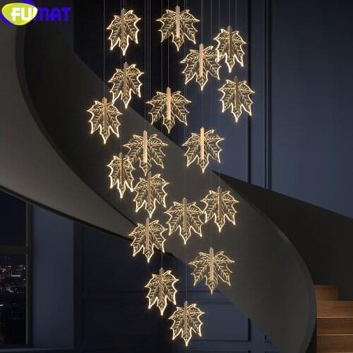 FUMAT Crystal K9 Canada Maple Leaf Chandeliers Lamp Staircase Spiral Hanging Pendant Light Fixture Modern Style Big LED Dimming