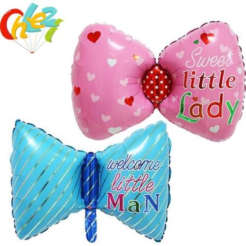 1pcs Blue Pink Bow balloon Birthday party decoration Little lady little man helium Foil balloons Wedding party decoration shower