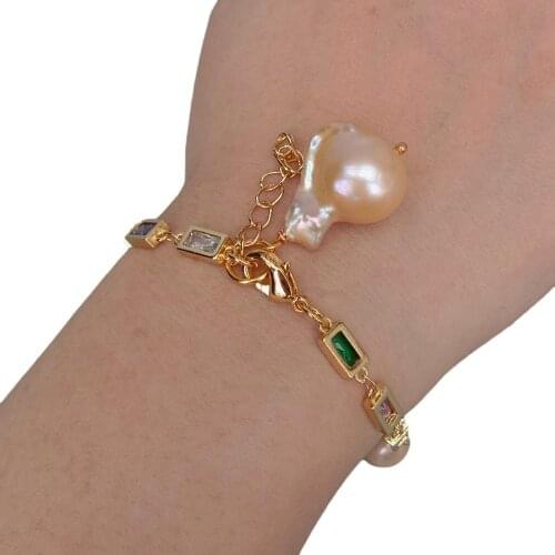 Y·YING Rear Natural Freshwater Cultured Pink Keshi Pearl Mixed Color Cubic Zirconia Pave Bead Chain Charm Bracelet
