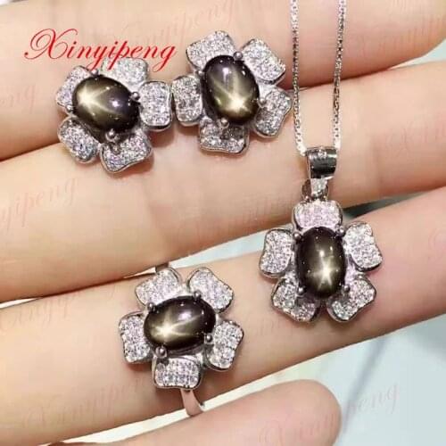 925 silver inlaid natural starlight sapphire jewelry suit Female flowers form Fine jewelry