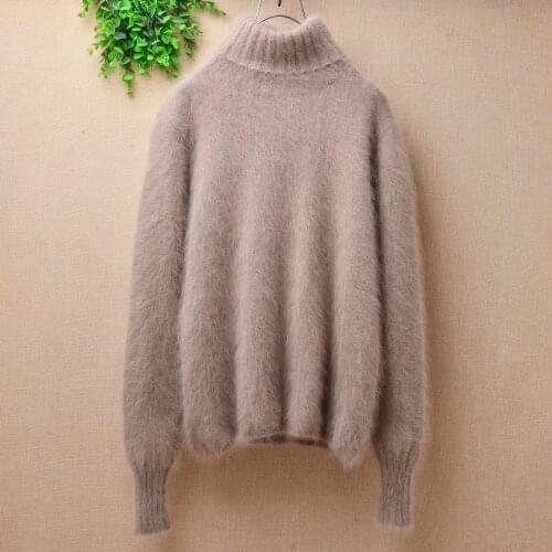 Top mujer women hairy plush mink cashmere knitted turtleneck short style cropped slim blouses pullover angora fur jumper sweater