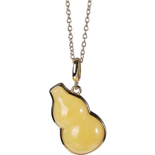 S925 sterling silver gold plated Natural Amber Beeswax Personality Calabash pendent Retro Temperament Female Chain set
