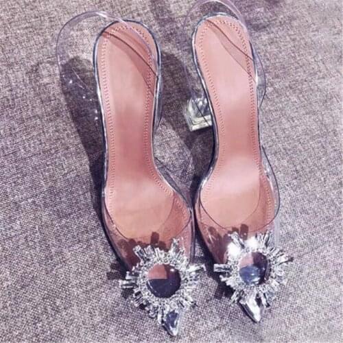 Women sandals PU Slip On 9CM Thin Heels High heels Pointed Toe Rhinestones Shallow women shoes sandalias mujer 2020 size 35-42
