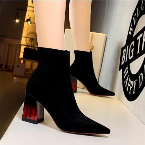 2021 Autumn Vintage Wooden Block Heel Womens Ankle Boots Slip On Pointed Toe Woman High Heels Flock Party Office Shoe Black 40