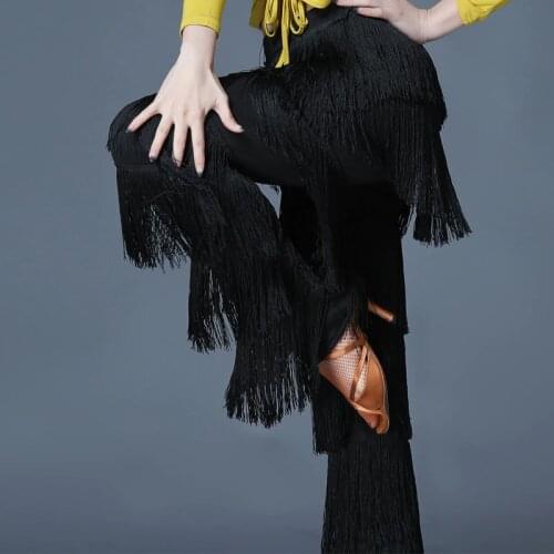 New Latin Dance Costumes For Women Black Fringe Pants Female Practice/Performance Latin Long Trousers Rumba Dancewear DQL3322