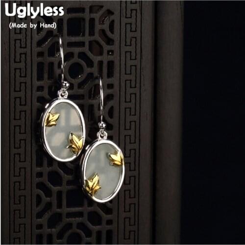 Uglyless S 925 Sterling Silver Oval Dangle Earrings Vintage Ethnic Handmade Butterfly Earrings Natural Jade Fine Jewelry Brincos