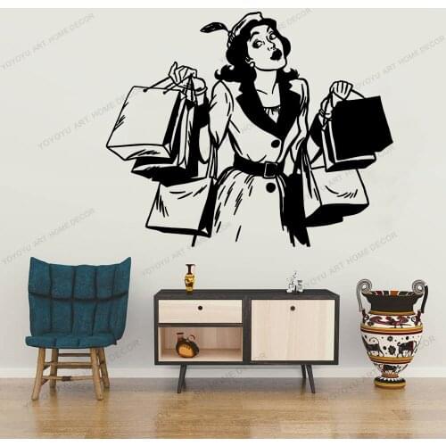 Woman Fashion Style Girl Shopping Elegant Vinyl Wall Decal Retro Wall Stickers Shopping girl Clothing Shop Decor Stickers CX1333