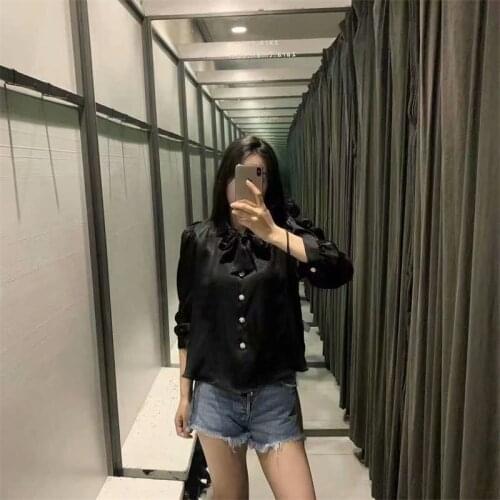 ZXQJ Women 2021 Fashion With Bow Tied Cozy Blouses Vintage Three Quarter Sleeve Rhinestone Buttons Female Shirts Chic Tops