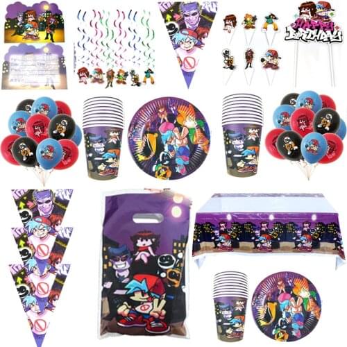 176PCS Friday Night Funkin Theme Loot Bags Tablecloth Birthday Party Napkins Plates Cups Kids Favors Flags Decoration Swirls