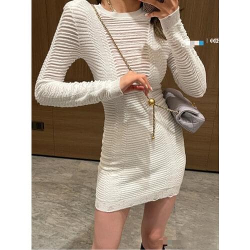 2021FW Autumn High Quality Women Luxury Hole Knitted Long Sleeve Slim Dress For Female 2 Color Alice 7.31