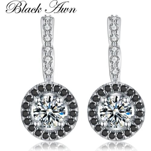 2020 New Vintage Genuine 925 Sterling Silver Engagement Hoop Earrings for Women with Black&White Stone Jewelry Bijoux T001