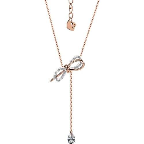 316L Stainless Steel Rose Gold Generous Bow Necklace Simple Crystal Pendant Tassel Necklace Not Fade