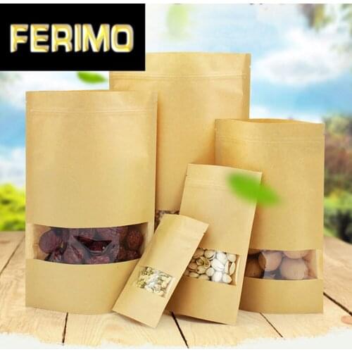 5pcs Stand up Kraft Paper Bag with Transparent Window Zip Lock Kraft Paper Pouch Zip lock Sealable Pouch Food Candy Storage