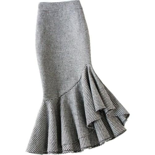 Free Shipping Knee Length Skirt White Black Plaid Women Plus Size S-4XL Mermaid Style Stretch Ladies High Waist Ruffles Skirt