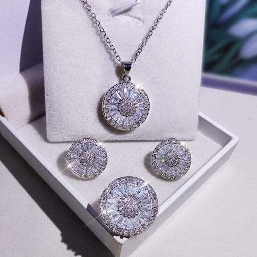 Big Bling Diamond Round Silver Color Jewelry Set Long Chain Necklace Adjustable Ring Stud Earrings for Women Fashion Jewelry