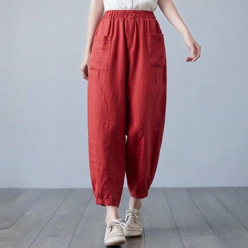 Women Cotton Linen Ankle-length Pants New Arrival 2021 Summer Vintage Style Elastic Waist Loose Female Harem Pants B696