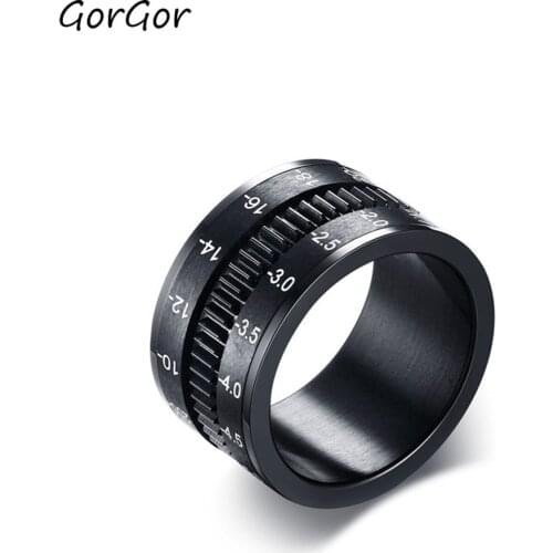 GorGor Trendy Classic Titanium Steel Rotatable Ring Stainless Steel Camera Lens Men Rings for Anniversary Celebration R-277