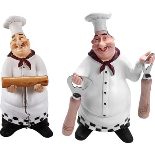 2Pcs Retro Chef Model Ornaments Resin Crafts Mini Chef Figurines White Top Hat Cook - Wine Opener & Beer Bottle Opener